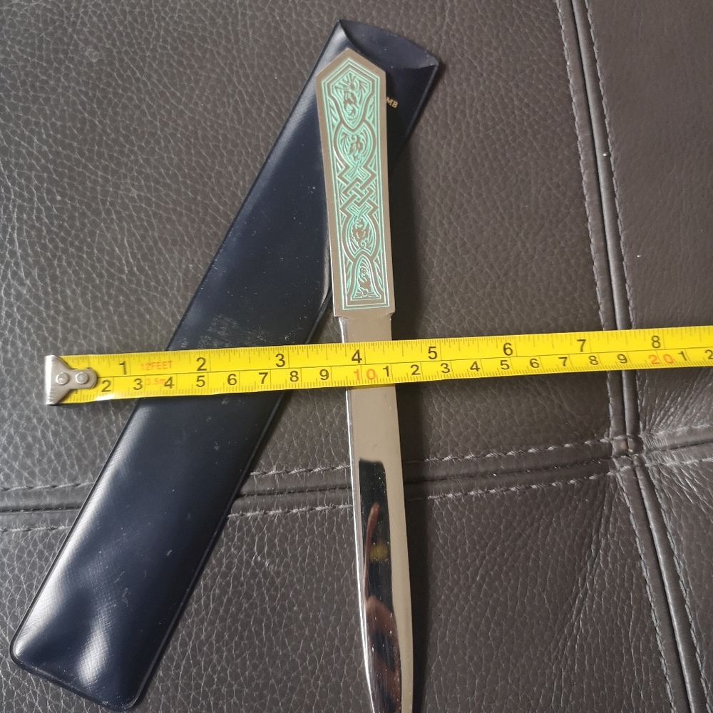 Vintage Solingen Germany Silver Letter Opener 9.5" Green Etched Phoenix Pattern - Picture 7 of 7